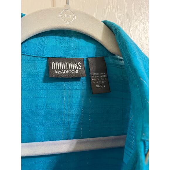 Additions by Chico Sz 1 Teal Woven Silver Threads Adjustable Long Sleeve Blouse - Picture 5 of 13